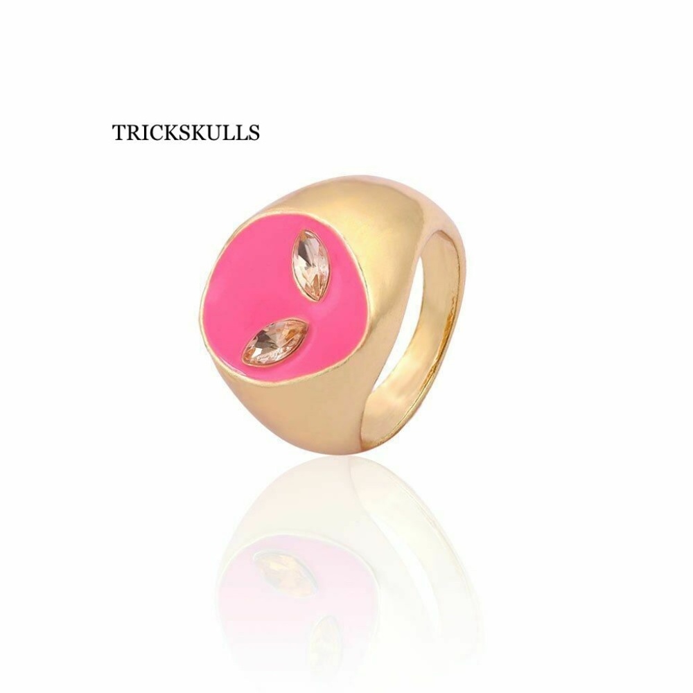 Gold Tone Stainless Pink Enamel Space Alien w Gold Lab Sapphire Eyes NEW!